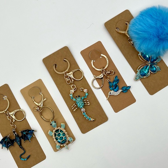 Blue Rhinestone Animal Keychain Bundle6-Pack Gold Tone Purse Charms